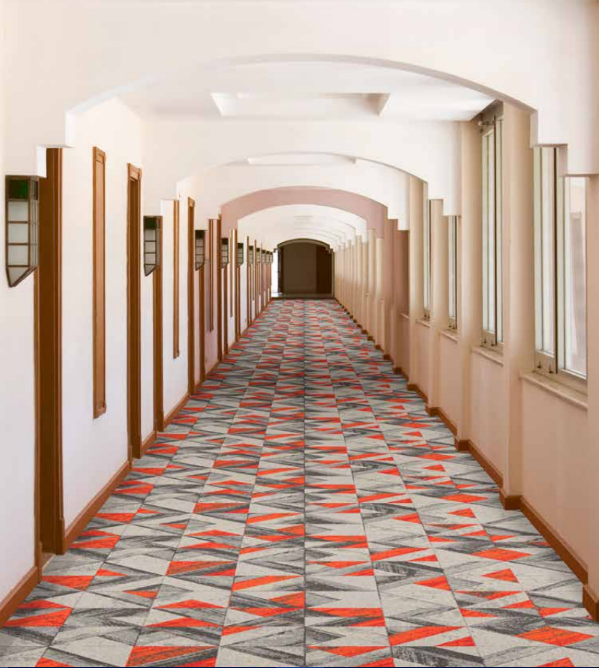guestroom lobby having colorful carpet flooring 